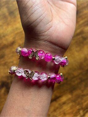 2pcs Pink Glass Beaded Bracelet with Star Charms and Butterfly